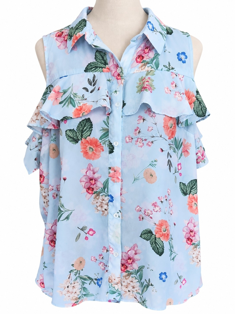 Express Women’s L Blue Floral Cold Shoulder Ruffle Button Front Blouse